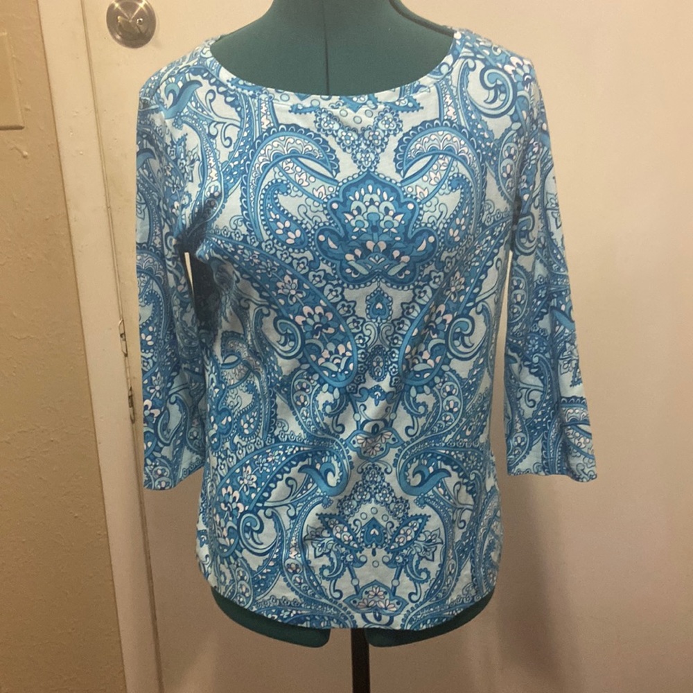 Talbots 3/4 Length Sleeves Paisley Blue Top 100% Cotton Boat neck Med vintage